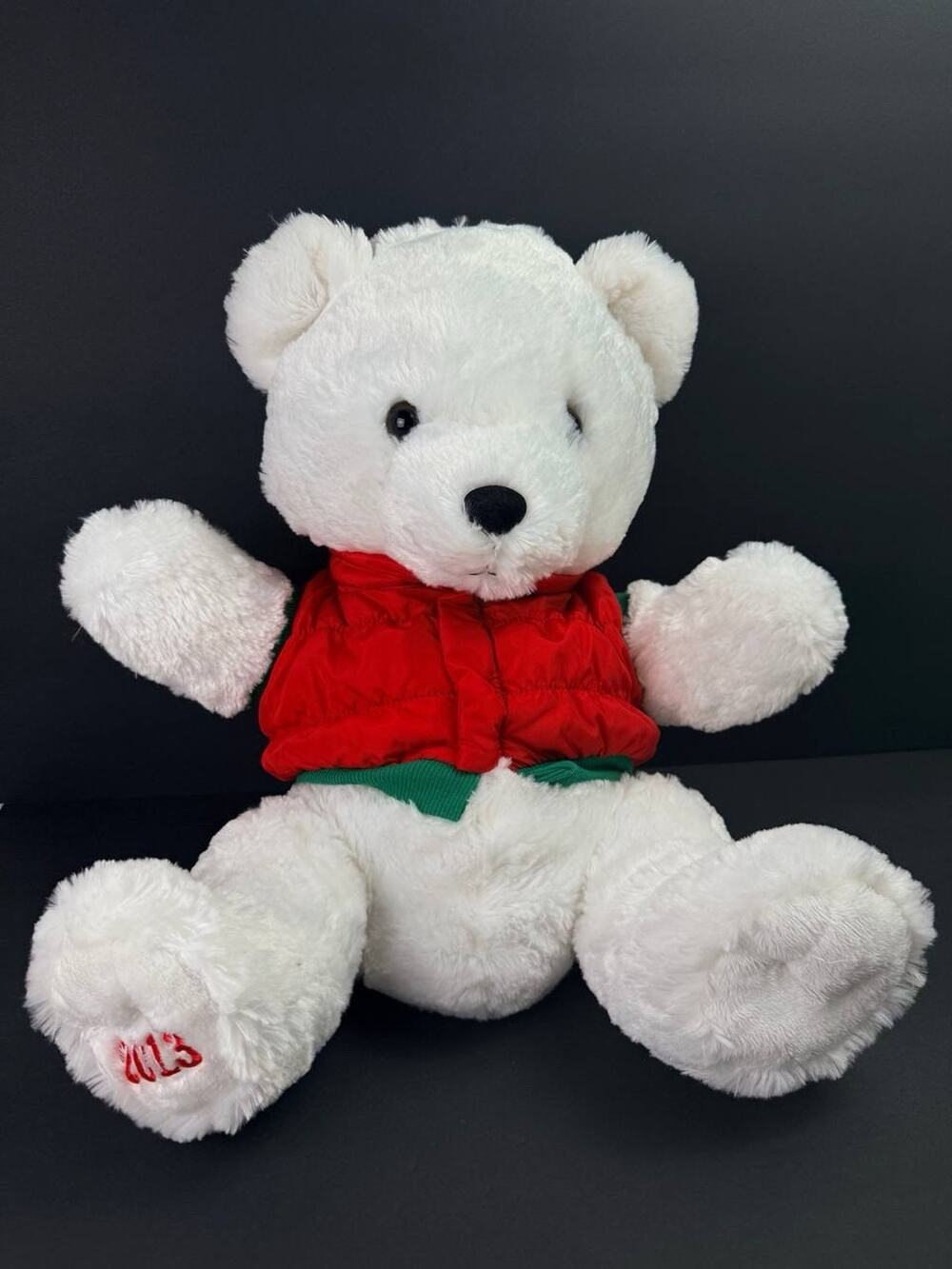 Dan Dee 2013 Christmas Bear Medium White Plush Red Vest Holiday Decor
